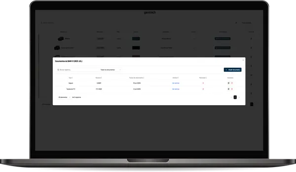 Documentación de un vehículo en Geotrackr con sus fechas de caducidad
