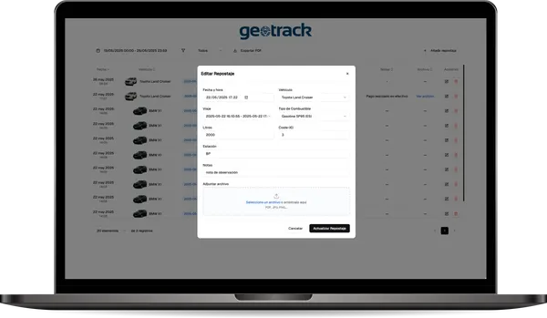 Formulario de Geotrackr para añadir un repostaje a un vehículo