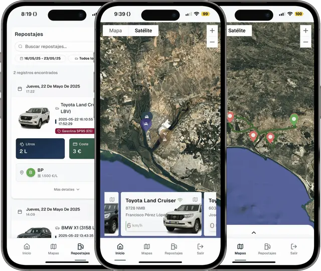 La app de Geotrackr en tres móviles: lista de repostajes, mapa por satélite con los vehículos y ficha del vehículo