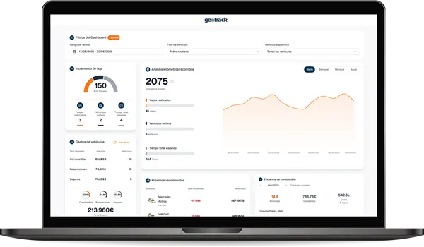 Panel de Geotrackr con el resumen de la flota: kilómetros, gasto y gráfica de consumo